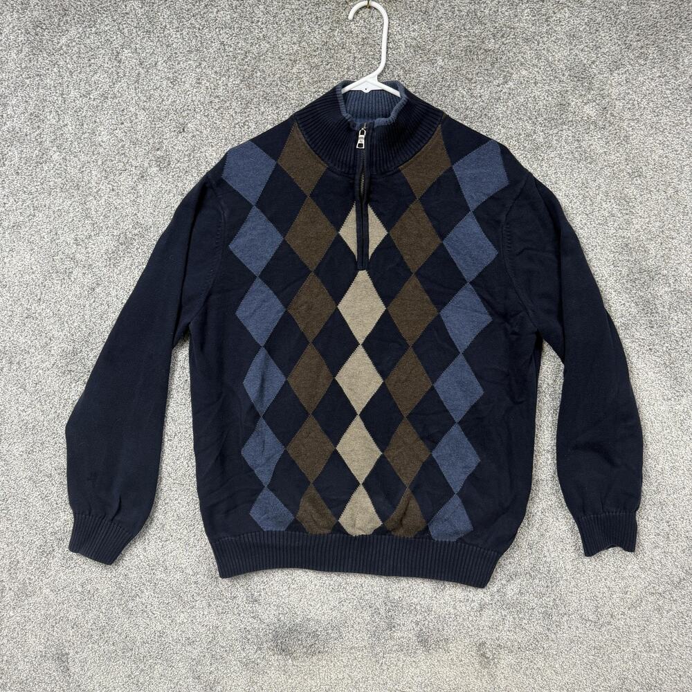GH Bass Sweater Men L Blue Brown Argyle 1/4 Zip Pullover Mock Neck Dark Academia